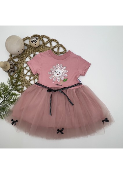 1-2-3 Yaş Payet Yapraklı Çiçek Nakışlı Astarlı Kız Bebek Tütü Elbisesi