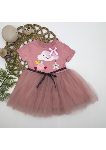 1-2-3 Yaş Tül Tokalı Bulut Civciv ve Yıldız Nakışlı Kız Bebek Elbisesi