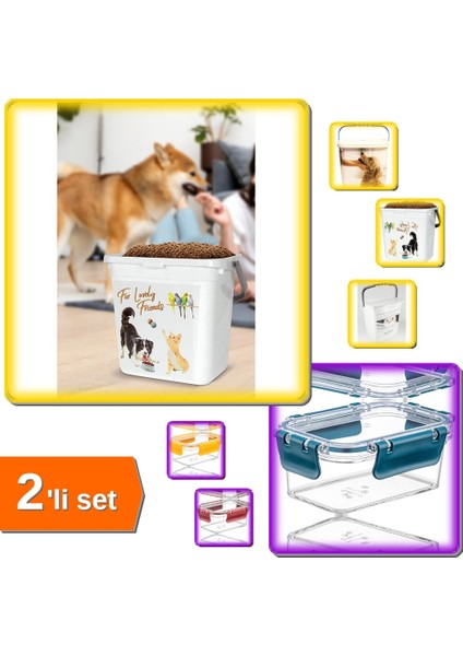 6 Lt Çok Amaçlı Kapaklı Mama Saklama Kabı + 3 Adet 375 ml Akrilik Saklama Kabı - 2li Set Q2B0N0