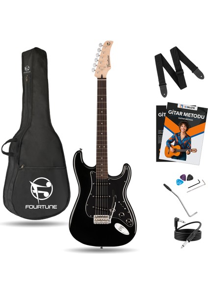 Atlas EG-1000BK Gül Klavye Strat Kasa Sss Siyah Elektro Gitar Seti