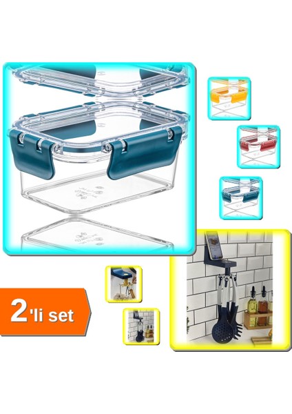 3 Adet Akrilik Saklama Kabı Vakumlu + Çok Amaçlı Askı Kepçelik Anahtarlık Havluluk - 2li Set AEG0C4
