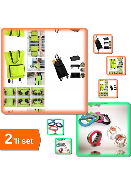 Pratik Katlanabilir Pazar Arabası + Poşet Taşıma Aparatı - 2li Set 7AC79N