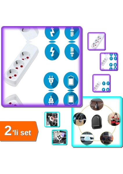 Topraklı 3lü Priz 10 Metre + Yapışkanlı Kablo Düzenleyici 10 Adet - 2li Set T6IHYI