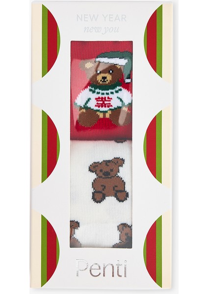 2 Çift Pamuklu Yeni Yıl Aycık Desenli Kutulu Soket Çorap