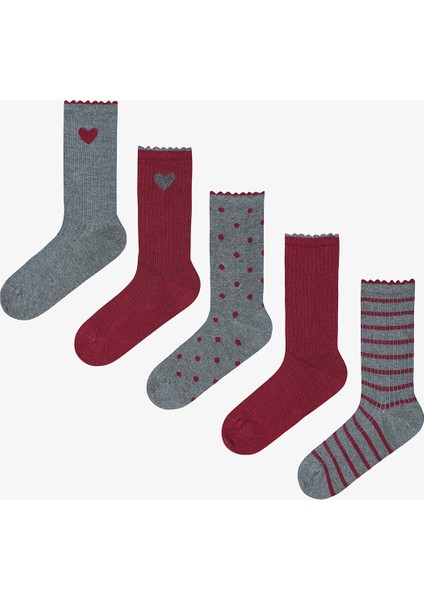 5 Çift Pamuklu Karışık Kalp Desenli Fırfırlı Soket Çorap
