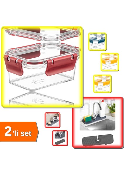 3 Adet Akrilik Saklama Kabı Vakumlu 900 ml + Esnek Musluk Lavabo Matı Mutfak Banyo - 2li Set Z1K6B2
