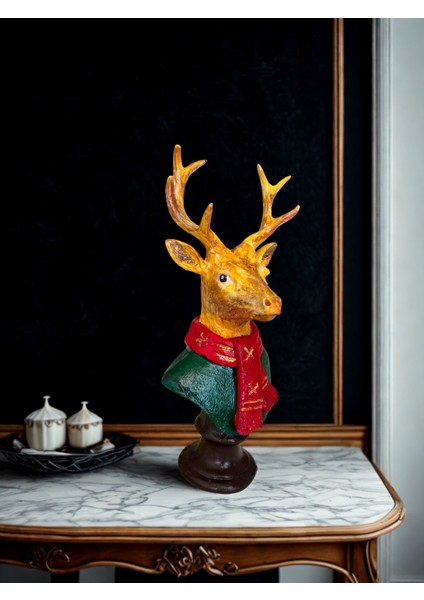 Yılbaşı Geyik Büstü – Dekoratif Heykel Biblo | Kırmızı Atkılı Geyik Premium Masa Üstü Obje