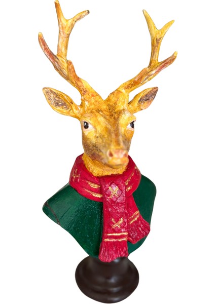 Yılbaşı Geyik Büstü – Dekoratif Heykel Biblo | Kırmızı Atkılı Geyik Premium Masa Üstü Obje modelleri