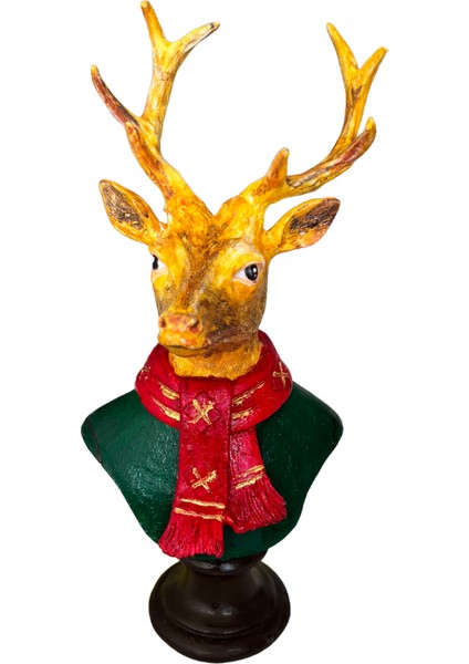 Yılbaşı Geyik Büstü – Dekoratif Heykel Biblo | Kırmızı Atkılı Geyik Premium Masa Üstü Obje indirimleri