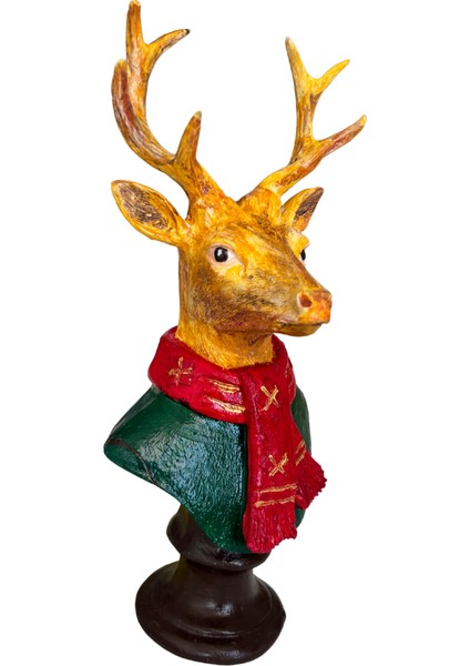 Yılbaşı Geyik Büstü – Dekoratif Heykel Biblo | Kırmızı Atkılı Geyik Premium Masa Üstü Obje