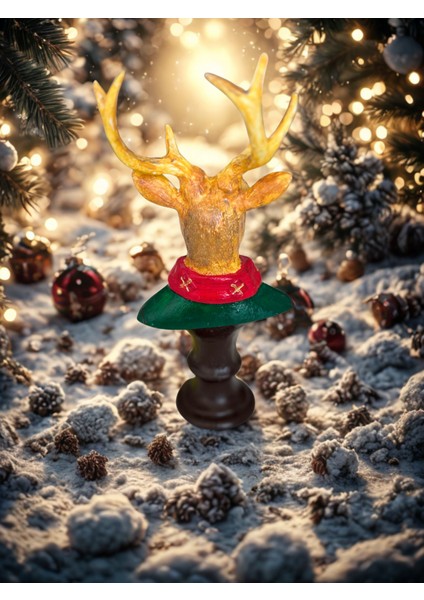 Yılbaşı Geyik Büstü – Dekoratif Heykel Biblo | Kırmızı Atkılı Geyik Premium Masa Üstü Obje