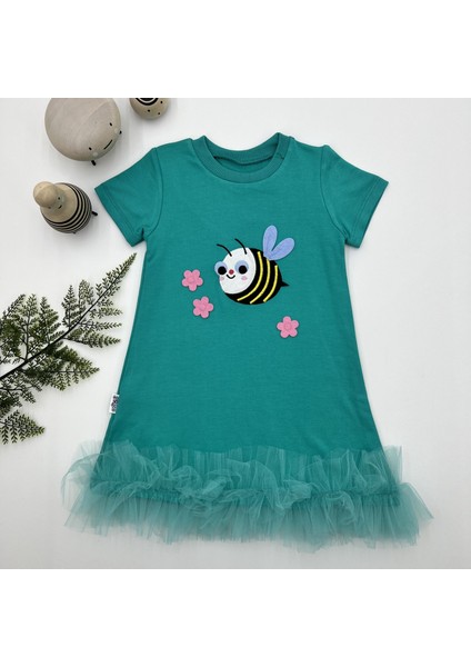 1-2-3 Yaş Arıcık Nakışlı Eteği Fırfırlı Jile Kız Çocuk Elbisesi