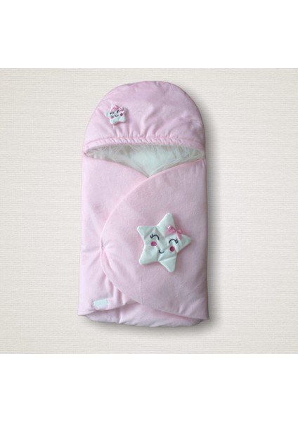 Yenidoğan Çift Yıldız Detaylı Şapkalı Duvaklı Kız Bebek Klasik Kundak Bebek Battaniyesi