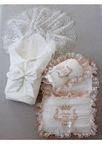 Yenidoğan Nil Taç Nakışlı Kundaklı Trilüks 3lü Alt Açma Seti