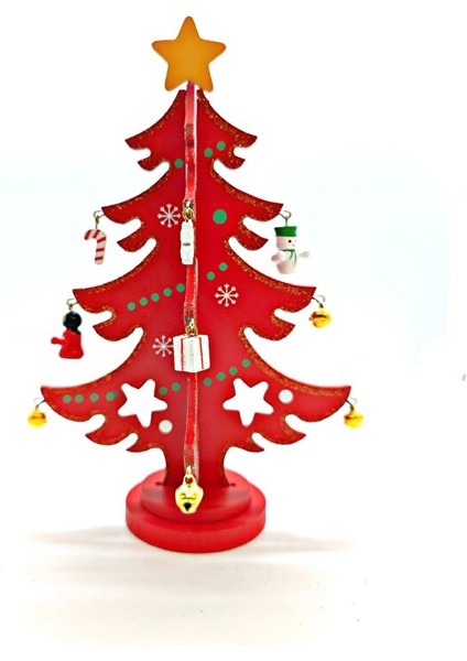 22.5 cm Kırmızı Ahşap Masa Üstü Yılbaşı Ağacı | Dekoratif Mini Noel Çam Süsü