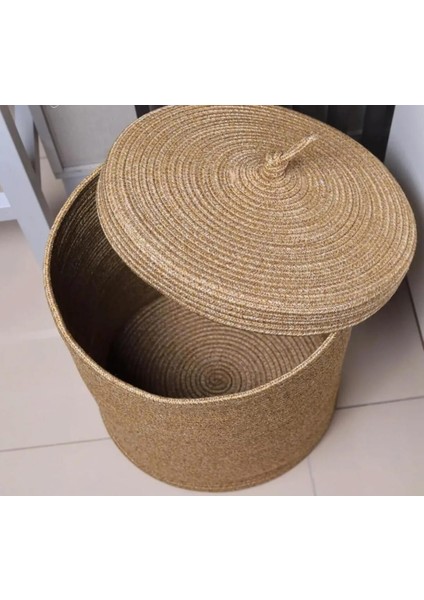 Jüt Hasır Sepet Düzenleyici Oyuncak Çamaşır Sepeti Kapaklı 40X35