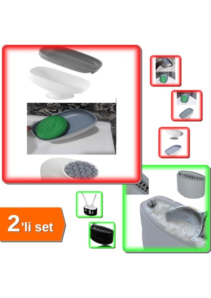 Banyo Mutfak Için Lotus Sabunluk + Vantuzlu Çift Fırçalı Çatal Kaşık Yıkama Aparatı 2li Set X9T3QA
