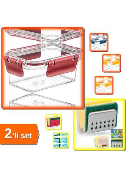 3 Adet Akrilik Saklama Kabı Vakumlu 900 ml + Sünger Askısı Sponge Hanger - 2li Set N1Y7T2