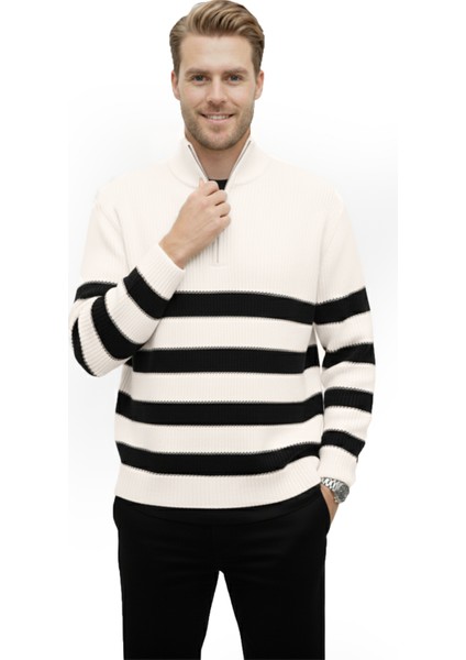 Erkek Ekru Yarım Fermuarlı Oversize Kesim Triko Kazak Pamuklu Yumuşak Örgü Çizgili Kazak 2608513