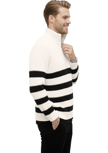 Erkek Ekru Yarım Fermuarlı Oversize Kesim Triko Kazak Pamuklu Yumuşak Örgü Çizgili Kazak 2608513 fiyatları