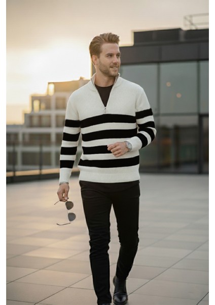 Erkek Ekru Yarım Fermuarlı Oversize Kesim Triko Kazak Pamuklu Yumuşak Örgü Çizgili Kazak 2608513 fırsatları