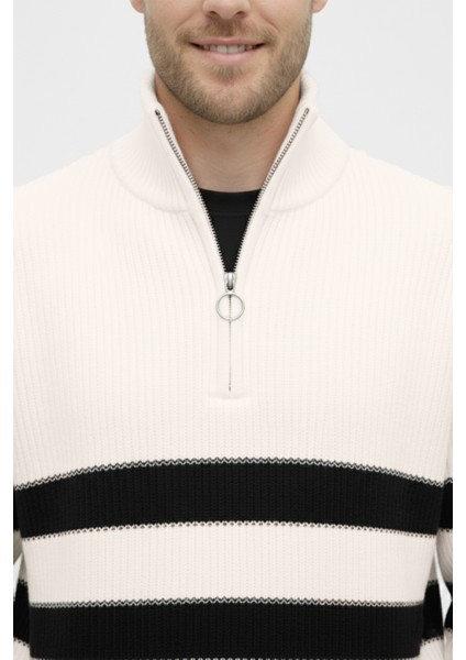 Erkek Ekru Yarım Fermuarlı Oversize Kesim Triko Kazak Pamuklu Yumuşak Örgü Çizgili Kazak 2608513 indirimleri