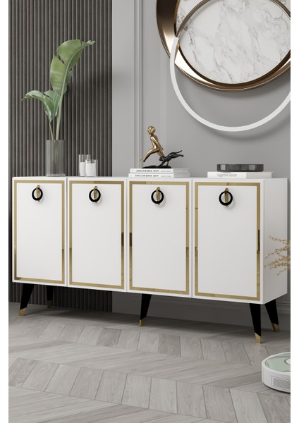 8213-32CT KB150 Konsol, Tv Ünitesi Beyaz-Altın-Siyah