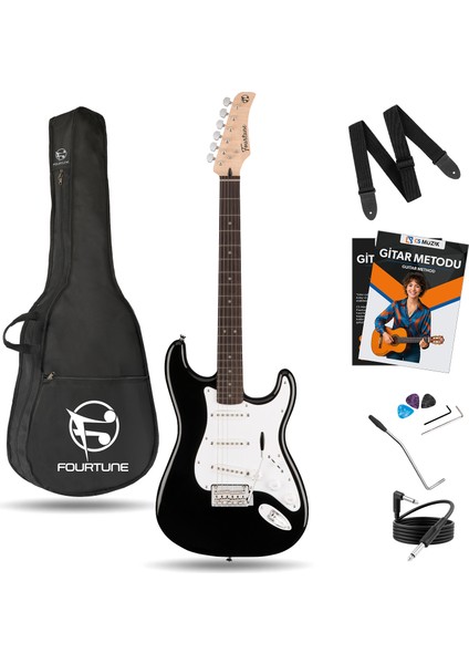 Atlas EG-1000WB Gül Klavye Strat Kasa Sss Elektro Gitar Seti (Siyah Beyaz)