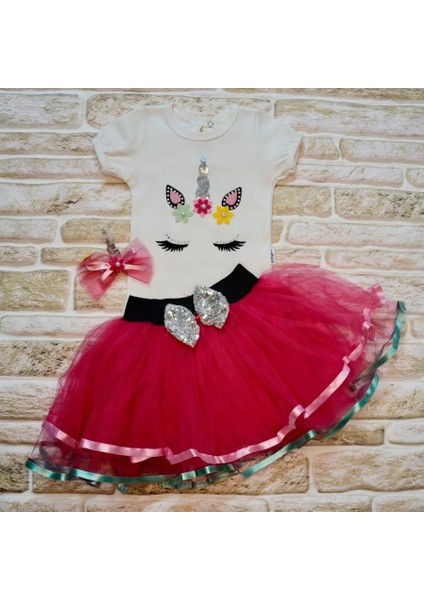 9-12-18 Ay Payetli Pony Nakışlı Tokalı Kısa Kollu Tütü Etek 3lü Kız Bebek Takımı Fuşya