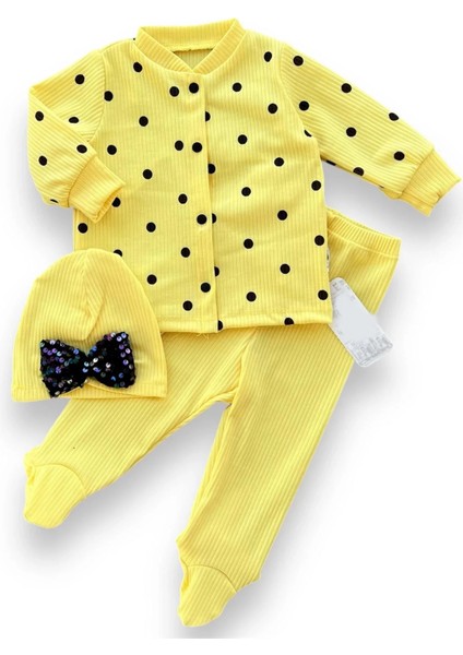 3-6-9-12 Ay Puantiyeli Şapkalı Çıtçıt Kapamalı Patikli 3lü Kız Bebek Takımı Sarı