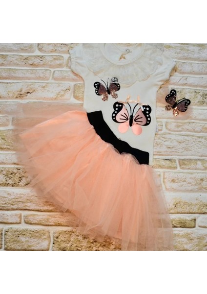 9-12-18 Ay Payetli Kelebek Nakışlı Taçlı Kısa Kollu Tütü Etek 3lü Kız Bebek Takımı Pudra