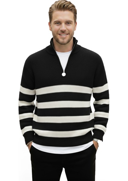 Erkek Siyah Yarım Fermuarlı Oversize Kesim Triko Kazak Pamuklu Yumuşak Örgü Çizgili Kazak 2608513