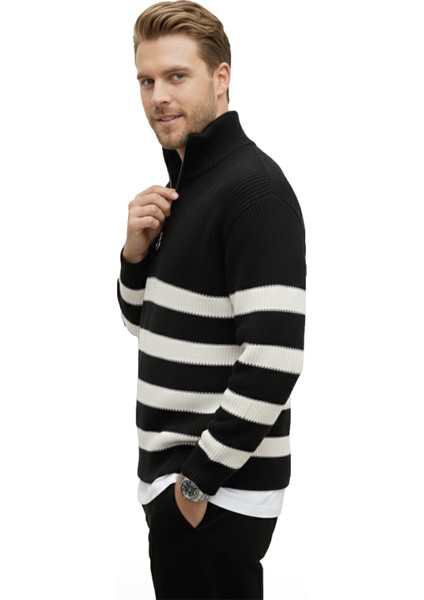 Erkek Siyah Yarım Fermuarlı Oversize Kesim Triko Kazak Pamuklu Yumuşak Örgü Çizgili Kazak 2608513 fiyatları