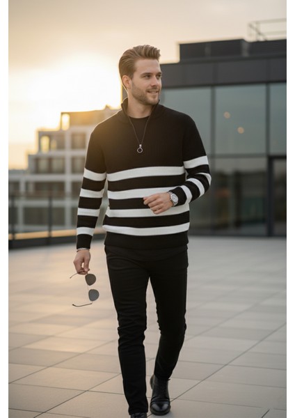 Erkek Siyah Yarım Fermuarlı Oversize Kesim Triko Kazak Pamuklu Yumuşak Örgü Çizgili Kazak 2608513 fırsatları