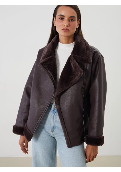 Classic Loose/bol Kesin Kahverengi Kürk Yaka Peluş Astar Deri Görünümlü Kadın Mont