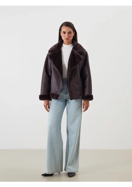 Classic Loose/bol Kesin Kahverengi Kürk Yaka Peluş Astar Deri Görünümlü Kadın Mont fiyatları