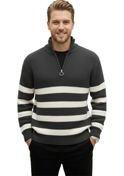 Erkek Füme Yarım Fermuarlı Oversize Kesim Triko Kazak Pamuklu Yumuşak Örgü Çizgili Kazak 2608513