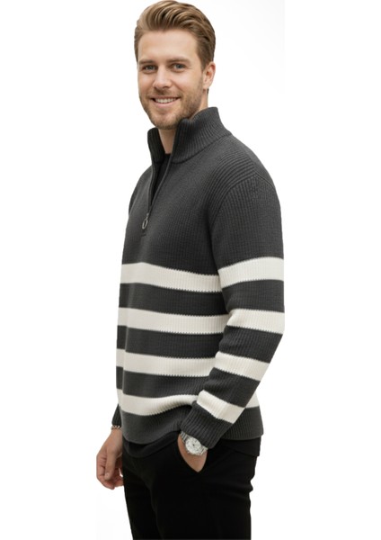 Erkek Füme Yarım Fermuarlı Oversize Kesim Triko Kazak Pamuklu Yumuşak Örgü Çizgili Kazak 2608513 fiyatları