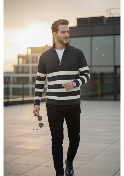 Erkek Füme Yarım Fermuarlı Oversize Kesim Triko Kazak Pamuklu Yumuşak Örgü Çizgili Kazak 2608513 fırsatları