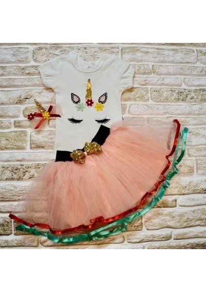 9-12-18 Ay Payetli Pony Nakışlı Tokalı Kısa Kollu Tütü Etek 3lü Kız Bebek Takımı Pudra