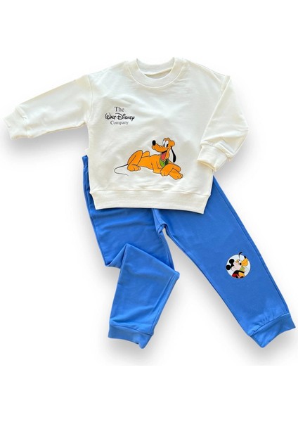 6-9-12-18 Ay Köpek Baskılı Pamuk Penye Kumaş Erkek Bebek Takımı Mavi