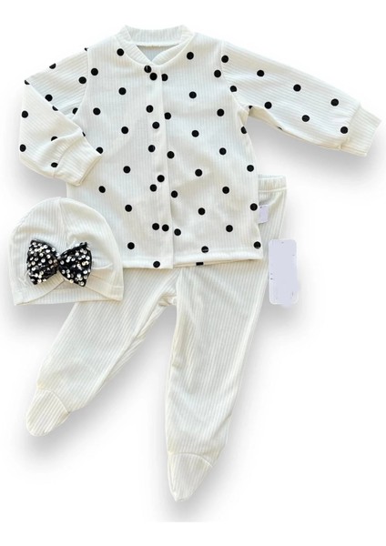 3-6-9-12 Ay Puantiyeli Şapkalı Çıtçıt Kapamalı Patikli 3lü Kız Bebek Takımı Beyaz