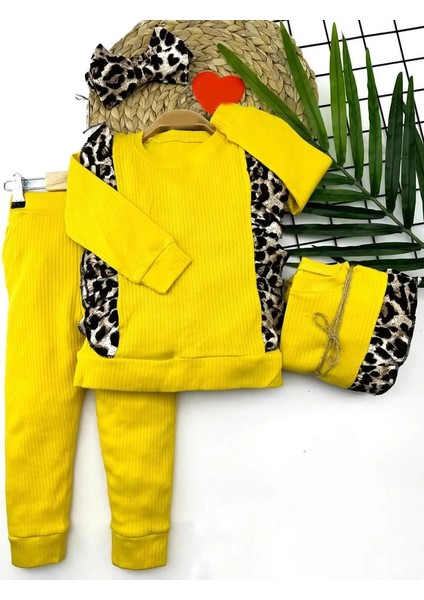 2-3-4-5 Yaş Bandanalı Leopar Baskılı Uzun Kollu 2li Kız Çocuk Takımı Sarı