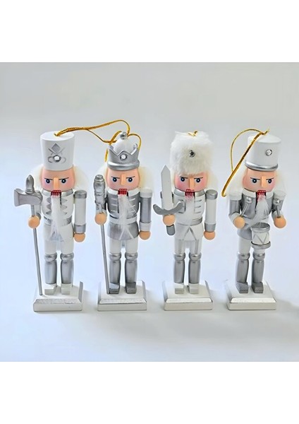 Gümüş Beyaz 4’lü Fındıkkıran Asker Figür Seti – 12,5 cm Ahşap Yılbaşı Süsü Dekor