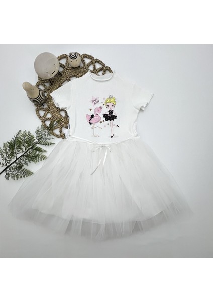 5-6-7 Yaş Flamingo Balerin Kız Baskılı Kurdela Kuşaklı Astarlı Kız Çocuk Tütü Elbise