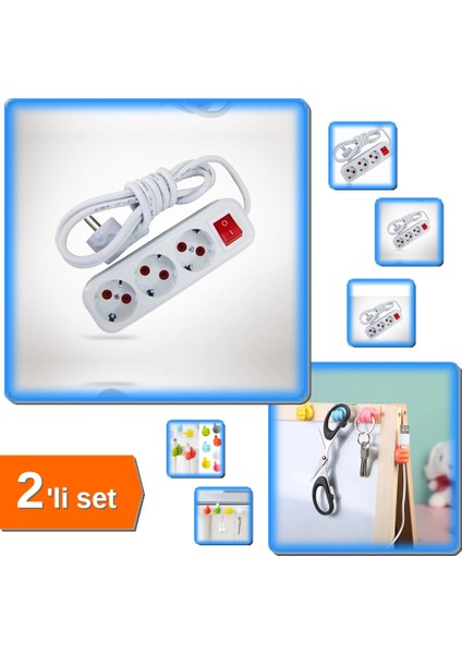 2 Metre Kablolu Anahtarlı 3'lü Topraklı + 10 Adet Renkli Ok Işareti Kablo Klips - 2li Set 3VA309