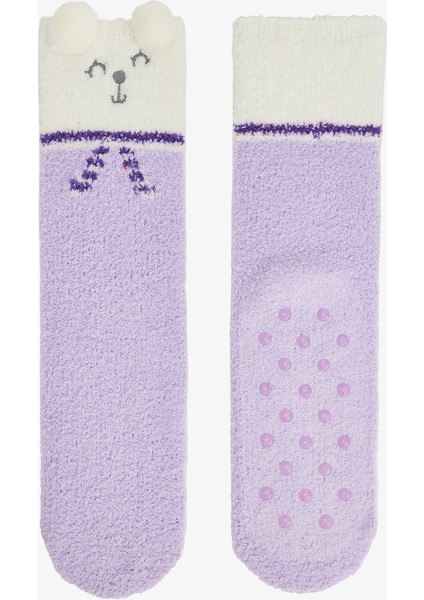 Lila Cuteness Fluffy Nakışlı Soket Çorap