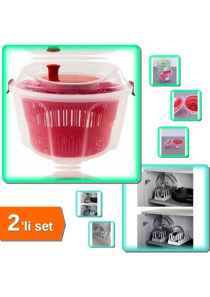 Salata Kurutucu Süzgeçli + Tencere Kapak Organizeri 6 Bölmeli - 2li Set Salata