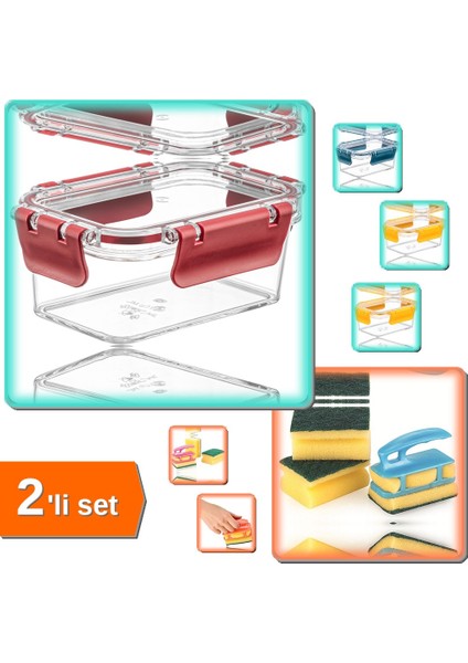 3 Adet Akrilik Saklama Kabı 900 ml + Süngermatik - 3 Adet Bulaşık Süngeri - 2li Set Q2L9F6