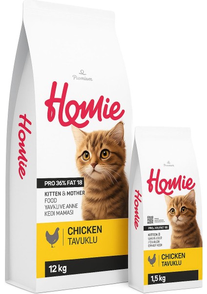 Düşük Tahıllı Tavuklu Yavru ve Anne Kedi Maması 12 kg ( 1.5 kg Hediyeli)